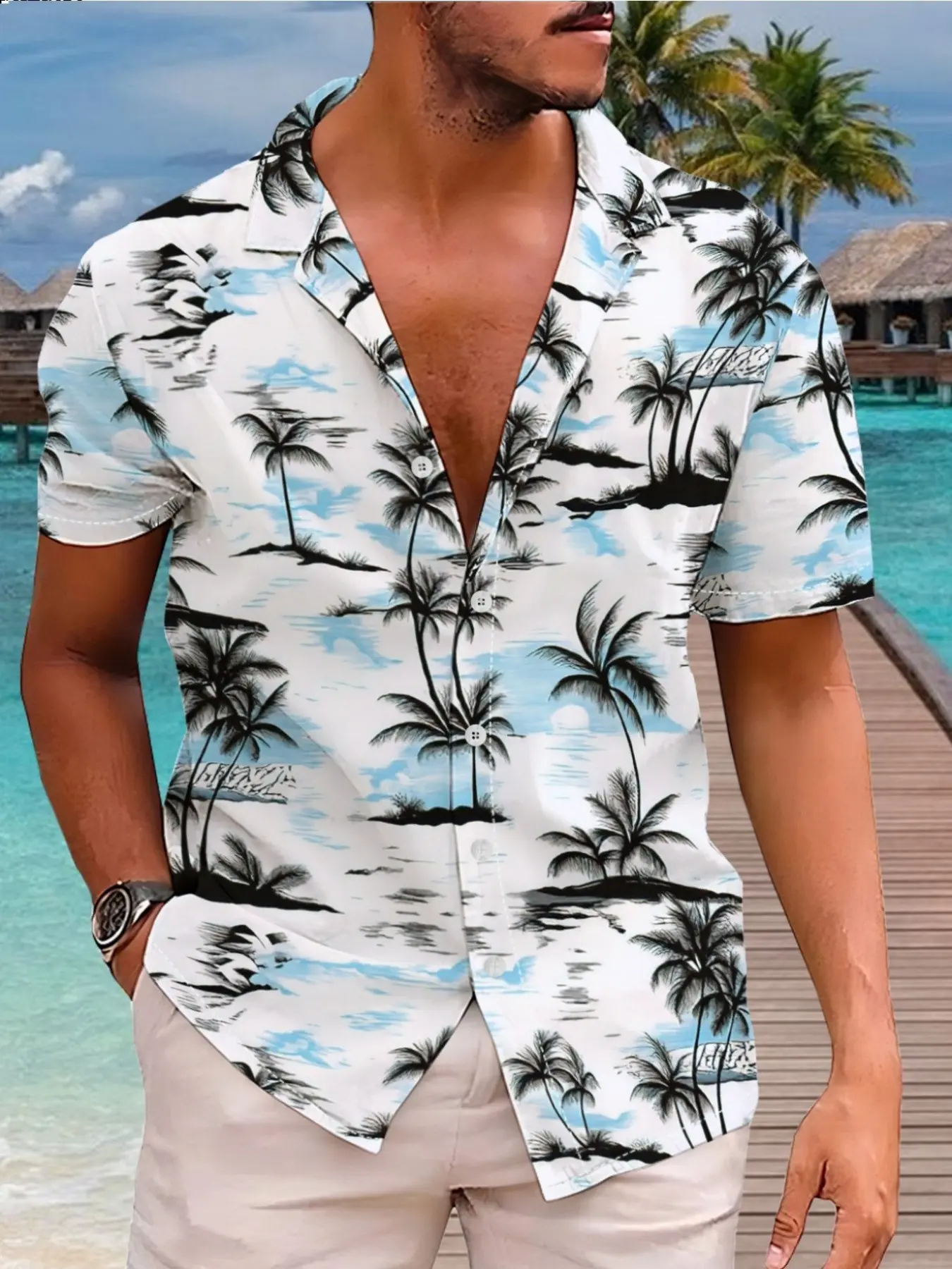 Men's Summer Casual Printed Coconut Tree Print Tropical Cuban Collar Short Sleeve Shirt, Casual Loose Fit Beach Style Hawaiian Shirt, Aloha Style Shirt, Holiday Essential, Limited-time holiday discounts, fast shipping, Collared Shirts