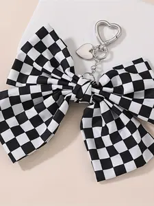 Bag Charm Large Bow Keychain Black And White Checkerboard Bow Heart-Shaped Metal Charm Millennial "Sweet & Cool" Style Stylish And Versatile For Bags And Keys Sweet-Yet-Edgy Girls, Niche Accessory Enthusiasts, And Students Bag Accessories Charms