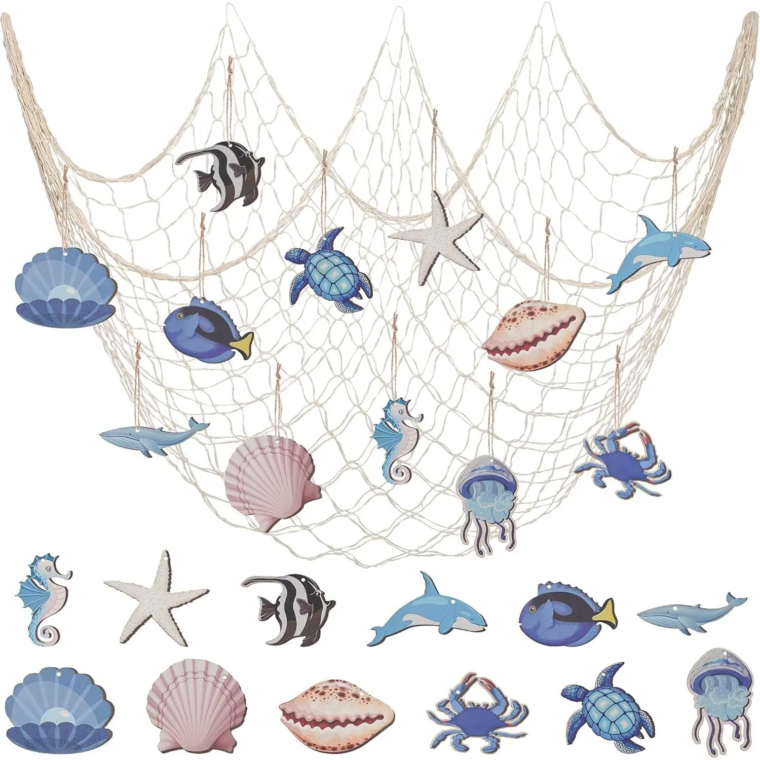 14Pcs Natural Cotton Fishing Net Wall Ornament - Hangable Mesh Decor with Turtle, Fish, Starfish, Shell, Whale Shaped Hangings for Pirate Party, Mediterranean Home Use