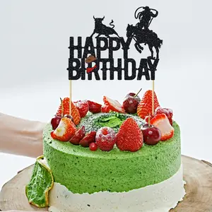 1pcs Western Cowboy Happy Birthday Cake Topper Glitter Cowboy Hat Riding Cowboy Cake Decorations Western Theme Happy Birthday Party Decoration Supplies