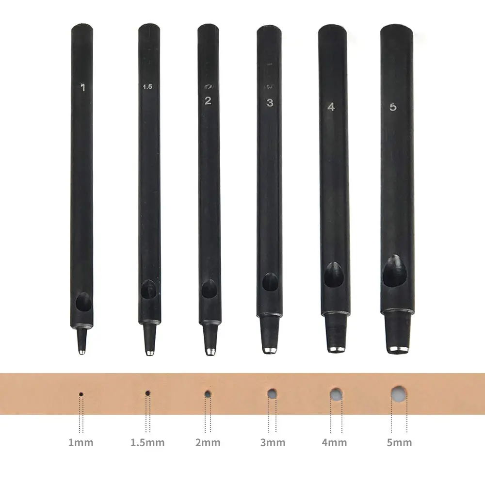 Professional 6 count Leather Hollow Punch Set, Size 1.0-5.0mm, Black, Steel, Manual, 6 Holes, Free Mini  Mat