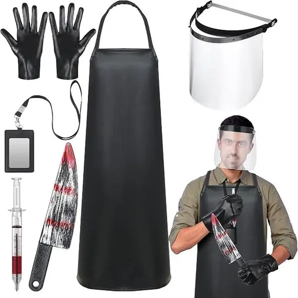 6 Pcs Halloween Butcher Forensic Cosplay Set Halloween Costume with Waterproof Apron Face Shield Fake Knife ID Badge Holder Syringe Pens Black Gloves Role-playing Scene for Halloween Parties