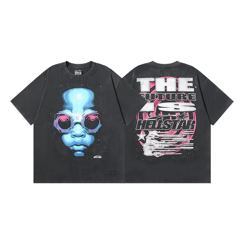 HELLSTAR Professional Certified Y2K Sci-Fi Cyberpunk Blue Alien Goggles Washed Short Sleeve T-Shirt Casual Tops Mens Standard Fit