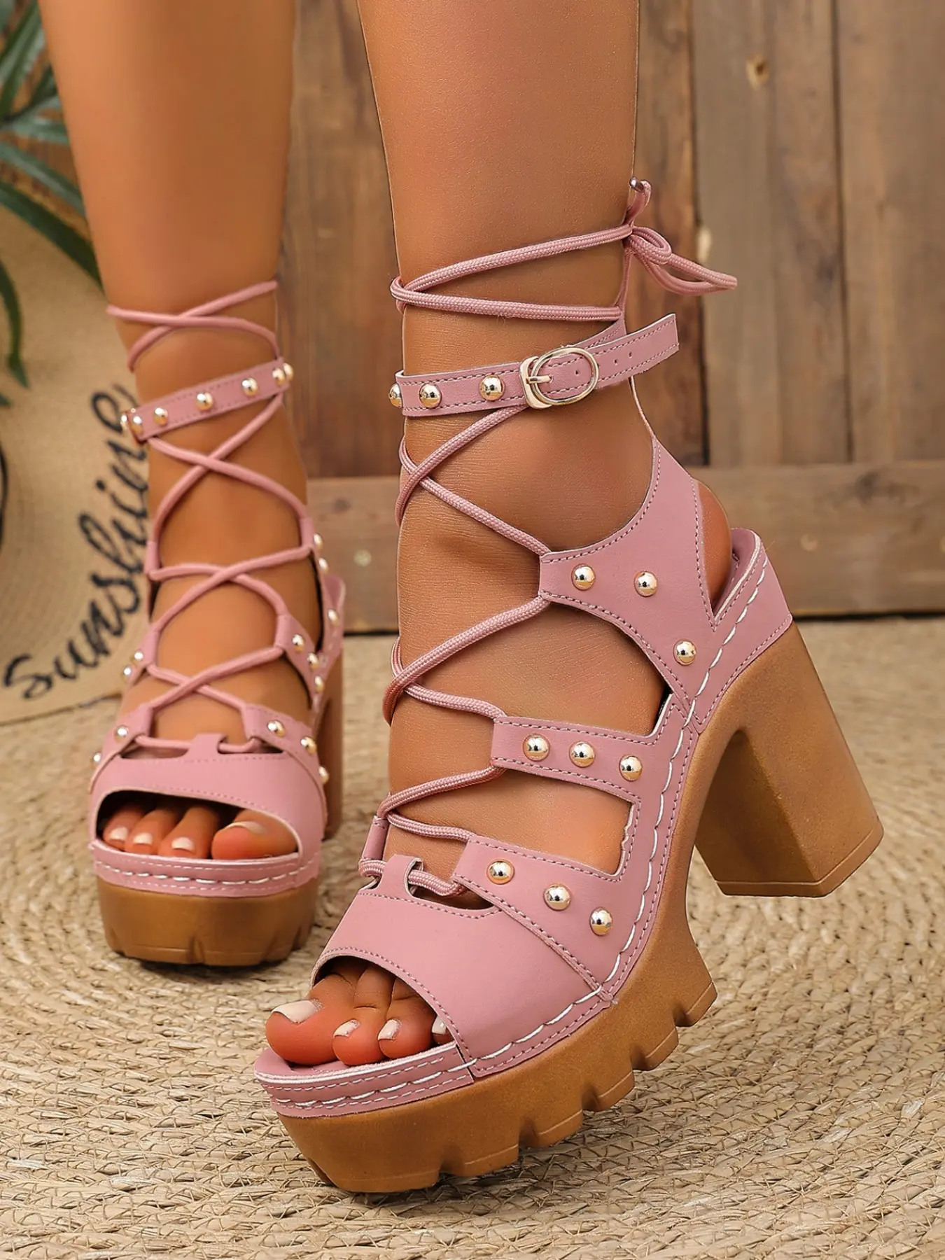 American Vintage Wooden Heel Strap Women's Sandals, Casual Trendy Sandals, Trending Sandals, Summer New Casual Versatile Thick Sole Anti-Slip Waterproof Toe-Open Daily Wear, Pearl Rivet Roman Shoes, Chic Summer Footwear