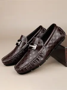 Elegant Slip-On Flat Loafers, First Layer Cowhide + Rubber Sole, Plaid Design, Perfect for Formal & Casual Wear, Halloween / Christmas Ideal Choice, Footwear