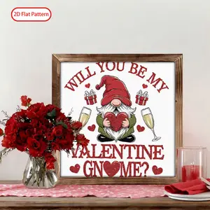 (2D Flat) Valentine's Day Love Wooden Heart Plaque Sign, Cute Festive Will You Be My Valentine Gnome , 8x8 inches, Heartfelt Framed Wall Art & Table Decor, Gift for Couples Anniversary Lovers Soulmates, Romantic Home Party