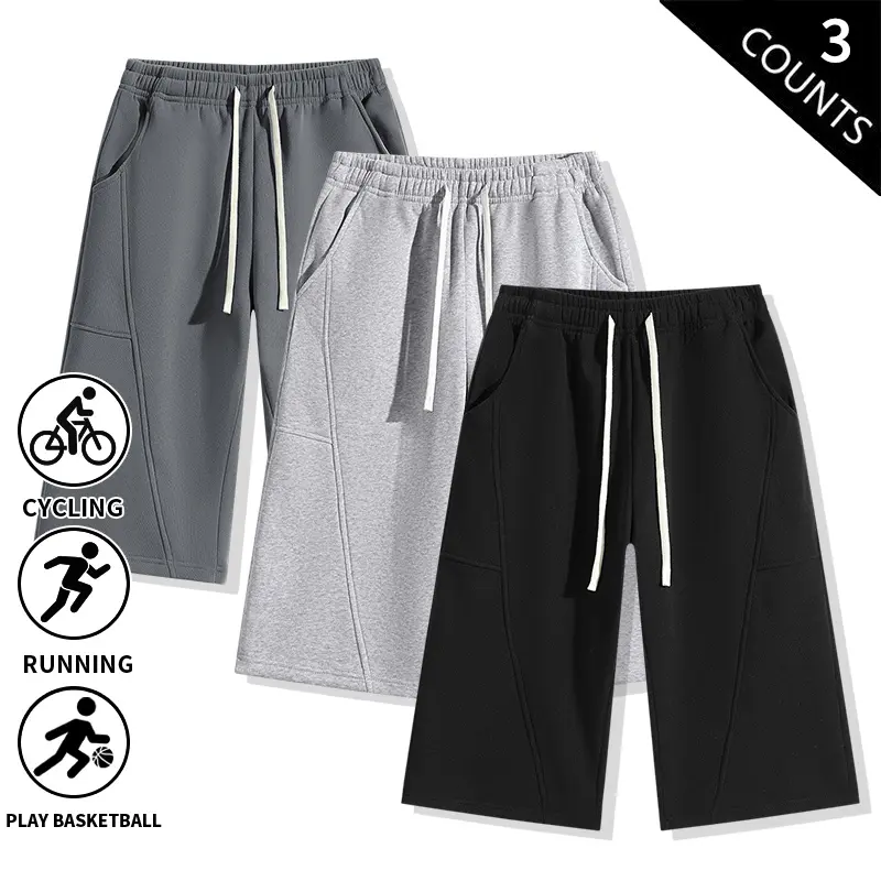 3-Pack Men’s Loose Fit 7-Inch Capri Sweat Shorts, Casual Stitched Wide-Leg Cropped Pants, Drawstring Elastic Waist Knee-Length Athletic Shorts for Running, Basketball, Cycling