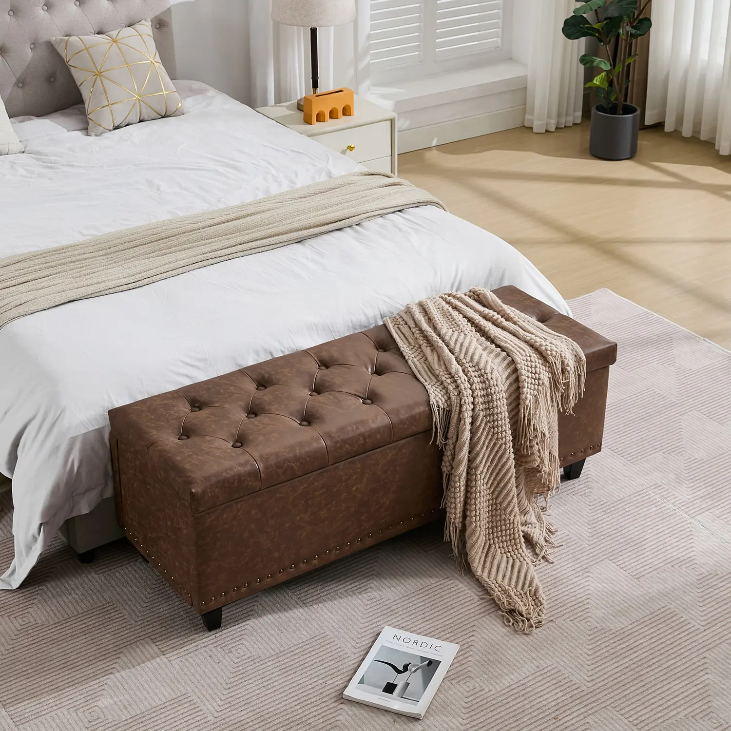 Tbfit 50.8in Brown PU Leather Button Tufted Storage Ottoman Bench - Hidden Storage, Safety Hinge, Solid Wood Legs for Bedroom, Living Room