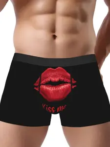 Men's Boxer Briefs - Bold Red Lips "KISS ME" Print Underwear Stretchy Non-Slip Waistband Sexy Everyday Valentine's Gift for Him Funny Dating Playful Underwear Comfortable Fit Novelty Underwear Boxers Briefs