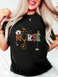 100% pure cotton Halloween Nurse Nursing Cute Health Worker Halloween Pattern T-Shirt Women's Oversized Tee Causal Breathable Classic Comfort Tops printed t-shirts for women