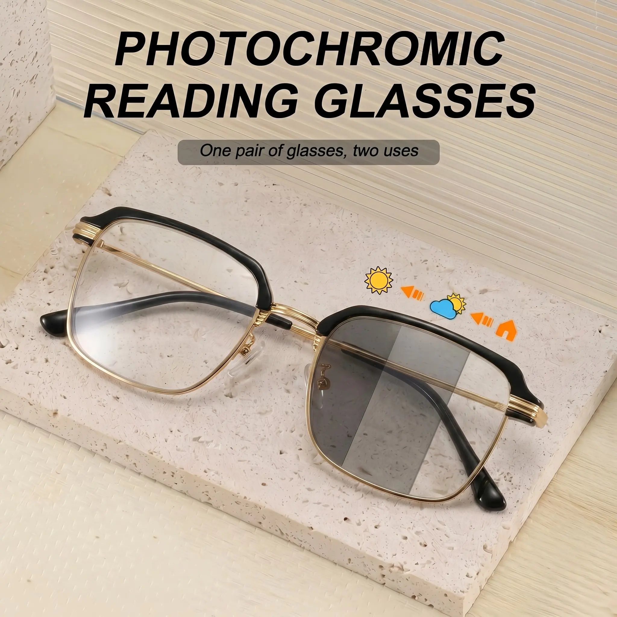 Men's Photochromic Reading Glasses, Dual Function Blue Light & UV Protection, Lightweight Metal Frame, Prescription 1.0-4.0, Photochromic Lens, Reading Eyeglasses, Reading Eyewear