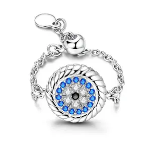 MULA S925 Silver-plated Evil Eye Adjustable Chain Ring - Blue CZ Protection Jewelry, Spiritual Symbol Ring for Women Girls, Religious Amulet Gift, Bohemian Minimalist Statement