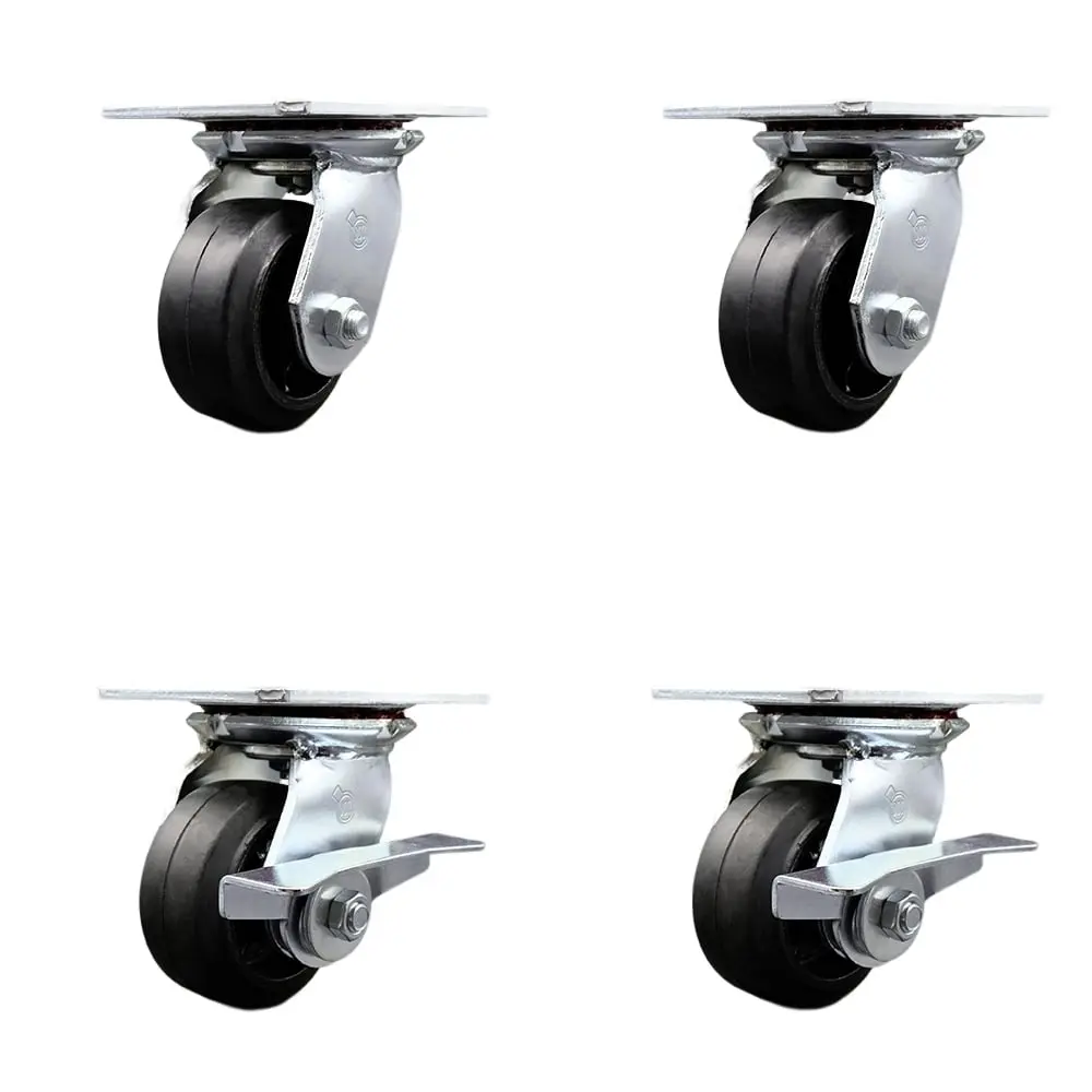 Service Caster SCC-35S420-RSB-2-SLB-2 Heavy Duty Casting Metal Castors, Large Top Plate Swivel Caster with Maintenance-Free Bearings, 4x2 in. Black Rubber-on-Cast Iron Wheels, 1600 lbs Capacity, Set of 4