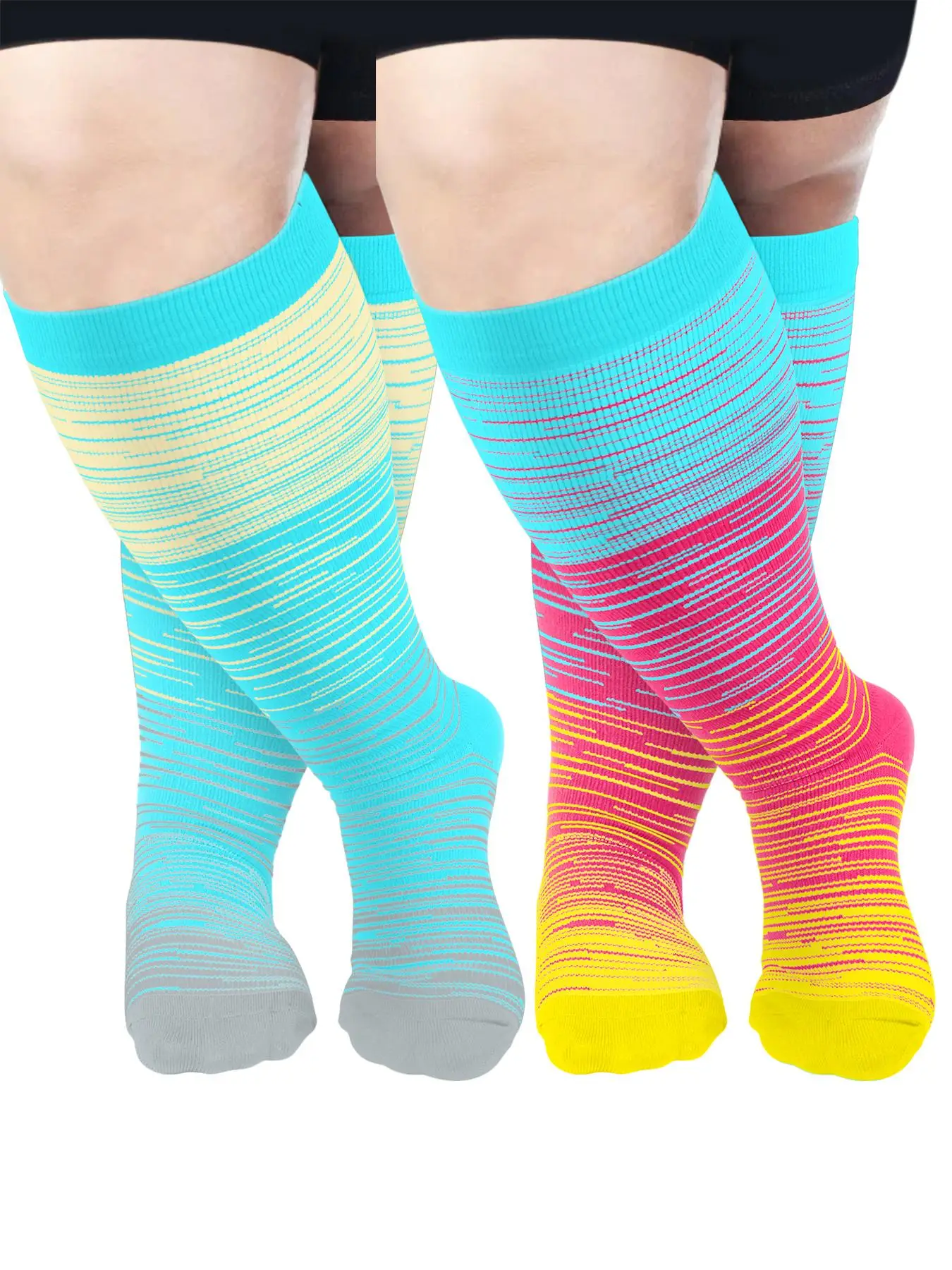 Plus Size 2 Pairs Striped Print Compression Over The Knee Socks, Athletic Running Socks, Soft Comfy Breathable Sports Socks for Women & Men