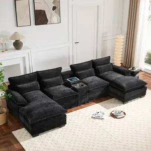 Modern 123 Inch U-Shaped Sectional Sofa with Console, Cup Holders and USB Charging Port, 6-Seat Symmetrical Chenille Cloud Couch with Chaise Lounge, Comfortable Upholstered Living Room Furniture for Apartment and Home