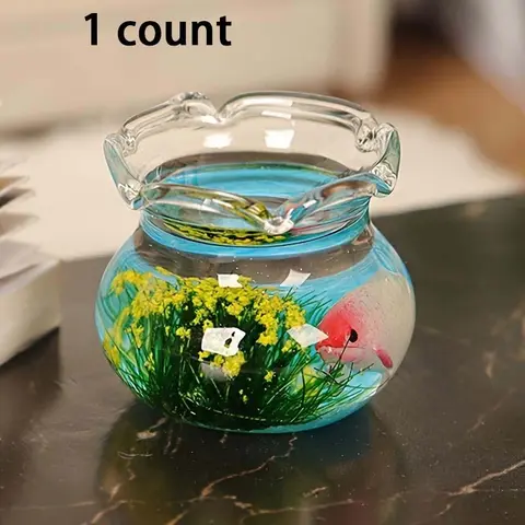 Random Mini Glass Fish Tank, 1 Count Glass Fish Bowl with Artificial Grass & Fish, Home Decor Ornament for Living Room Bedroom Miniature Landscape, Mini Aquarium Terrarium, Enclosure