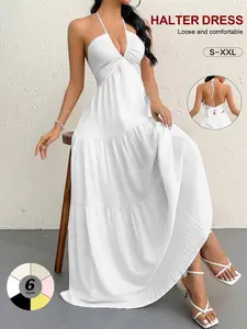 2026 European Style Strapless Backless Halter Dress, Deep V Neck Tie Waist Long Dress, Sexy Slimming Leg-Length Fairy Dress for Summer maxi dress sundress bouncy dresses sister white dress