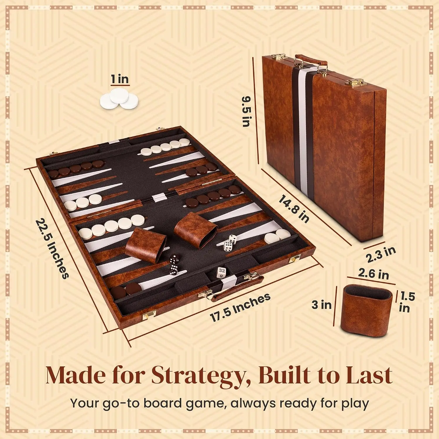 15-Inch Premium Leatherette Backgammon Set - Classic Unisex Strategy Board Game for Adults, Travel Handbag-Encased Set with Christmas Tiles, Halloween Pieces, Chinese Mahjong Components & Accessories