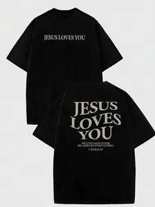 [tiktok shop deals]Manfinity Dauomo Jesus Loves You T-Shirt, Jesus T-Shirt, Christian Shirt, Aesthetic Apparel, Biblical Quote Shirt, Jesus T-Shirt, Christian Merchandise, Comfortable Colorful Round Neck Men Graphic Print T-Shirt y2k outfits men Double Pr