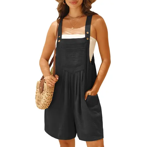 GRECERELLE Jumpsuits For Women Summer Short Overalls Casual Sleeveless Adjustable Loose Women's Rompers with Pockets Womenswear Black