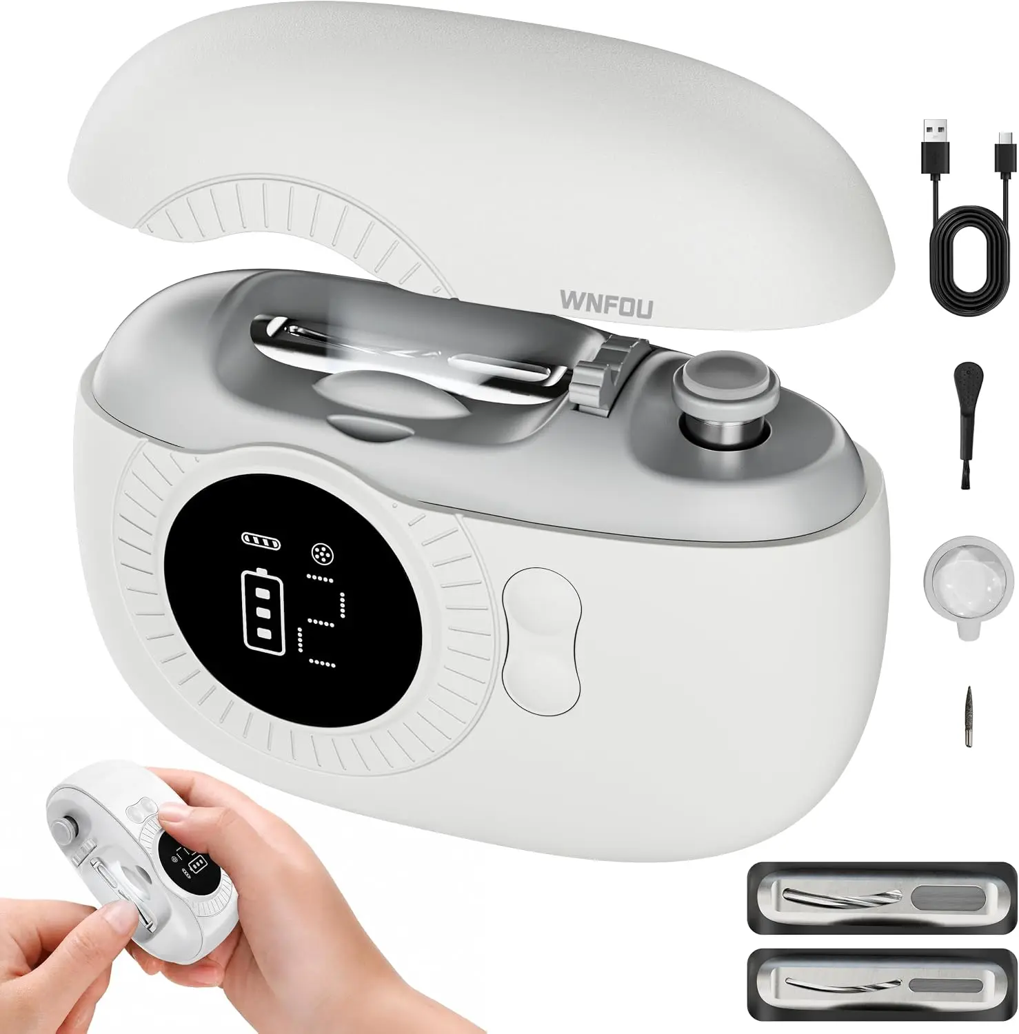 4-in-1 Rechargeable Electric Nail Clipper & Grinder - Manicure Nail Care Single Unit with 5x Magnifier, LED Light, 2-Speed Automatic Trimming/Grinding, Debris Collection Compartment for Seniors