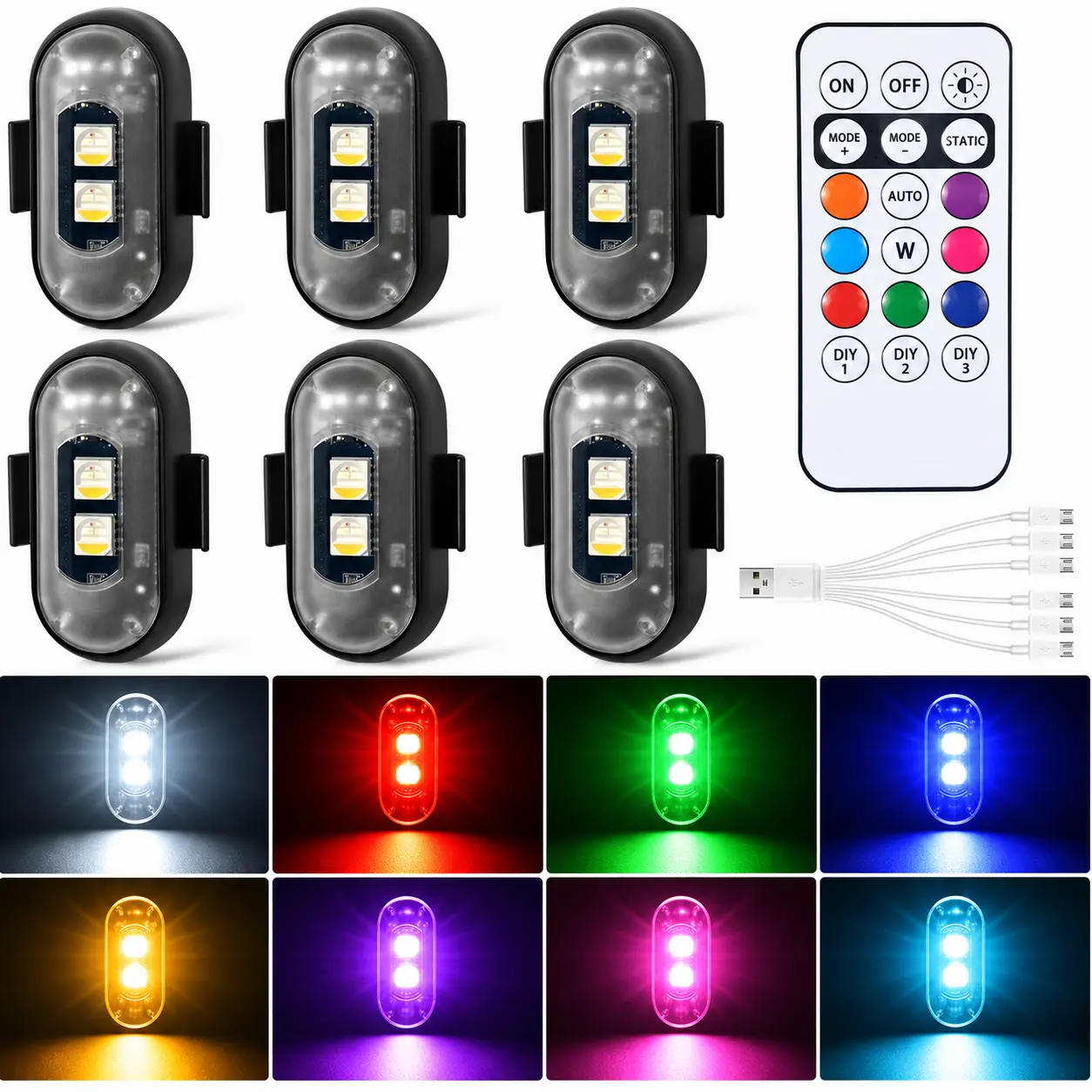 Wireless LED Strobe Lights, 6 Pack RGB Flashing Lights, 8 Colors 10 Modes, USB Rechargeable Waterproof Car Motorcycle Drone Camping Lights, Remote Control Auto Accessories rock side marker truck kit bulb