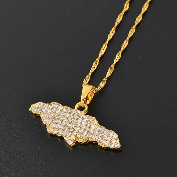Jamaica Map Sparkle Necklace With Rhinestone - Jewelry Gold
