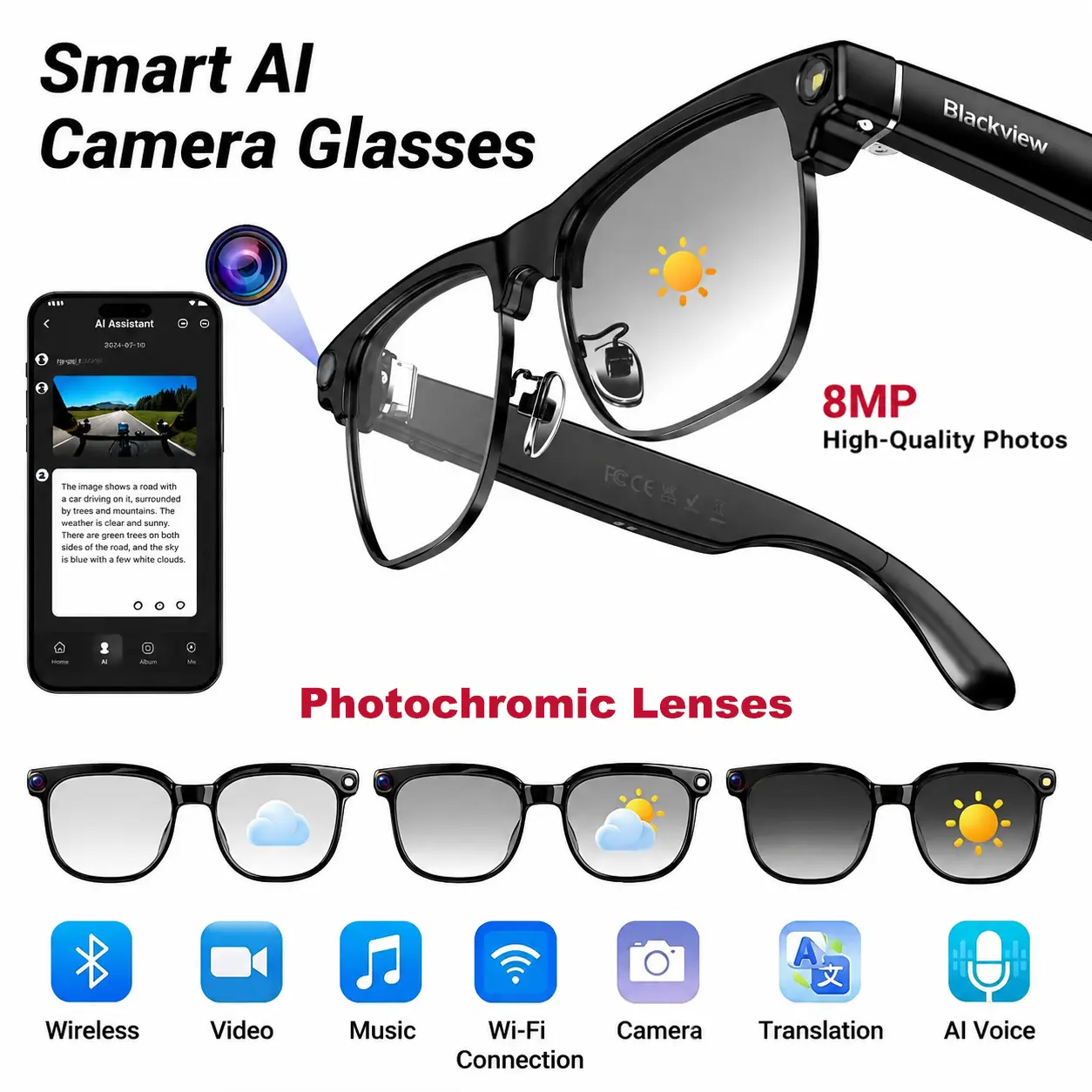 Blackview Smart AI Camera Glasses with 8MP HD Camera, ChatGPT AI Assistant, 139-Language Instant Translation, Bluetooth Music & Phone Calls, Photochromic Adaptive Lenses, Built-In Microphone, Touch Button Control for Travel & Outdoor
