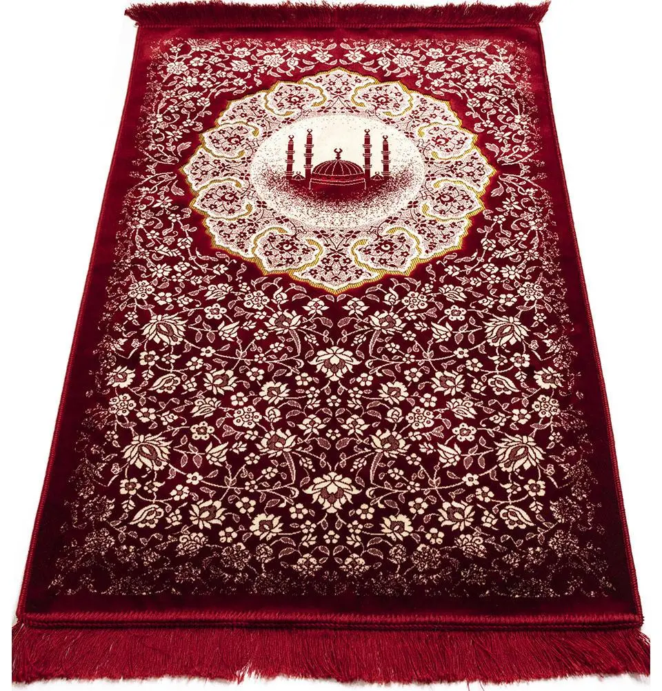 Plush Velvet Islamic Prayer Rug - Floral Mosque Red
