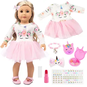 DEARBEI (excluding dolls) 16-18 inch doll unicorn clothes set, including princess skirt, eye shadow box, hair card, bracelet, lipstick, sticker, baby doll fairy set, costume game, Christmas gift, Valentine's Day gift