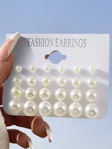 Simple Fashion Pearl Embellished Stud Earrings Set, 12 Pairs, Minimalist Style, Casual Daily Wear, Alloy Material, All Seasons, Choking Hazard Warning