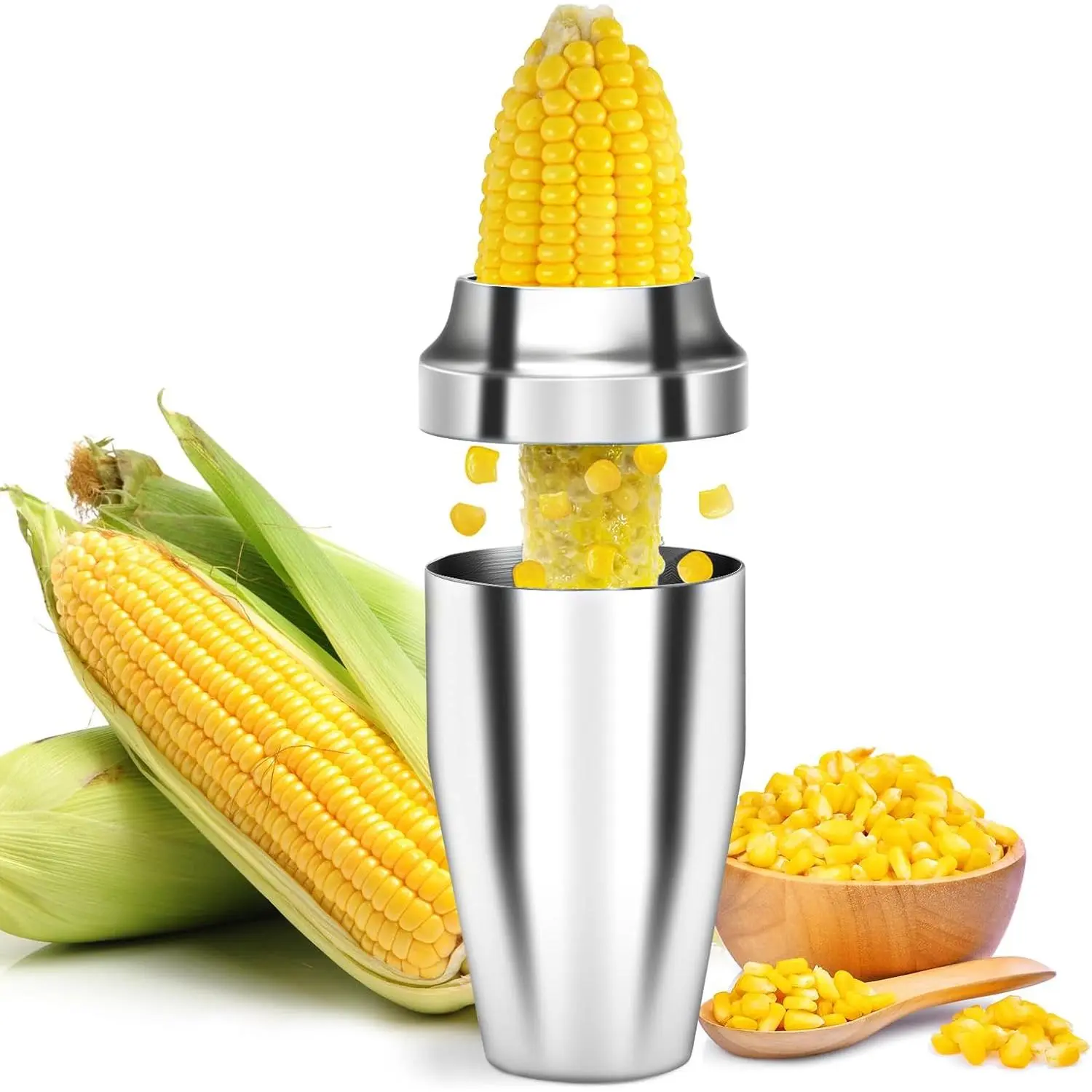 Corn Cutter Peeler, Corn Cob Stripper with Cup [No Splatters or Mess], 304 Stainless Steel Corn on the Cob Remover Kitchen Tool, Corn Kernel Shucker Separator Slicer with Serrated Sharp Blade