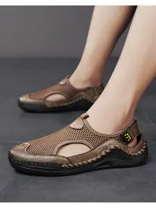 Men's Solid Color Mesh Breathable Closed-Toe Sandals, Hand-Stitched Soft Sole Water Shoes, Slip-On Casual Outdoor Beach Shoes