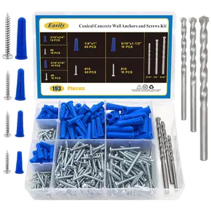 190 Pcs Wall and Screws for, Conical Concrete Wall and Screws Assortment Kit, Blue Conical and Self Tapping Screw with 3 Pcs Masonry, Four Sizes