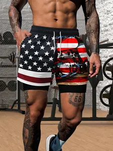 Men's Double-Layer Anti-See-Through Gym Shorts, Usa Flag Print Quick-Dry Fitness Shorts, Summer Breathable Drawstring Waist Running Pants, Summer Sports Shorts, Athletic Shorts