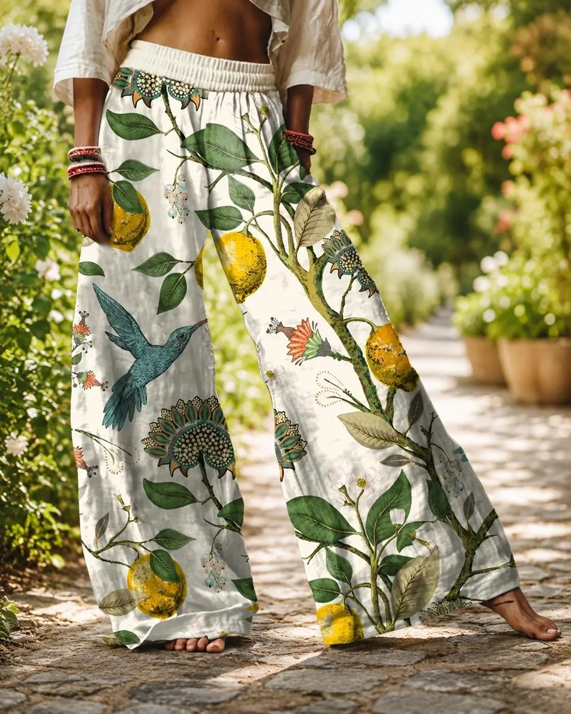 Lady's Floral Print Bohemian High-Waisted Wide-Leg Loose Palazzo Bottoms - Breathable, Comfortable Fabric for Summer Beach Vacay, Casual Everyday Wear