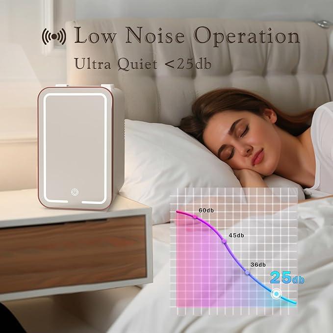 Mini Fridge for Bedroom, 6L Skincare Fridge with LED Mirror, Portable Cooler & Warmer for Dorm, Office, Makeup & Cosmetics, White Compact Quiet Design