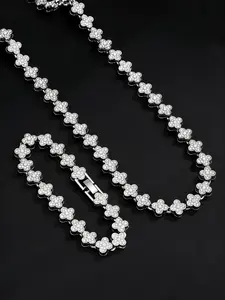 2 Piece Hip Hop Rhinestone Clover Bracelet Necklace Set, Elegant Leaf Print Jewelry, Alloy Chain, All Seasons Accessory