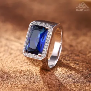 BEASON jewelry European and American Trendy Redyan Cut Blue Sapphire Men's Ring with Micro-Inlaid Full Diamond Process Durable Versatile Suitable for Daily Life/Dating/Workplace etc.