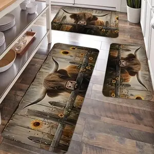 1/2/3pcs kitchen anti slip carpet floor mat set, retro highland cow pattern kitchen  floor mat, soft and comfortable flannel anti slip kitchen carpet floor mat, suitable for kitchen, bathroom, living room decor mat, Farmhouse Kitchen Rug