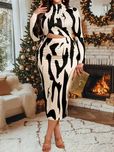 Women's Elegant Print Plus Size Dress,Slim Skinny High Waist Hollow Out Long Sleeve Stand Neck Midi Dresses,Fashion Party Female Clothing