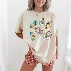 Watercolor Oyster Shells Oversized Tee | Coastal Aesthetic Graphic Shirt,Retro Watercolor Oyster Tee | Beach Lover Coastal Oversized Top