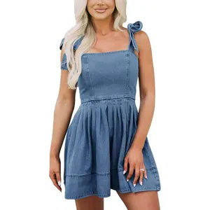 Loveimgs Women's Pleated Denim Dress — Short, Sleeveless Design with Tie-Shoulder Straps (Summer Style)