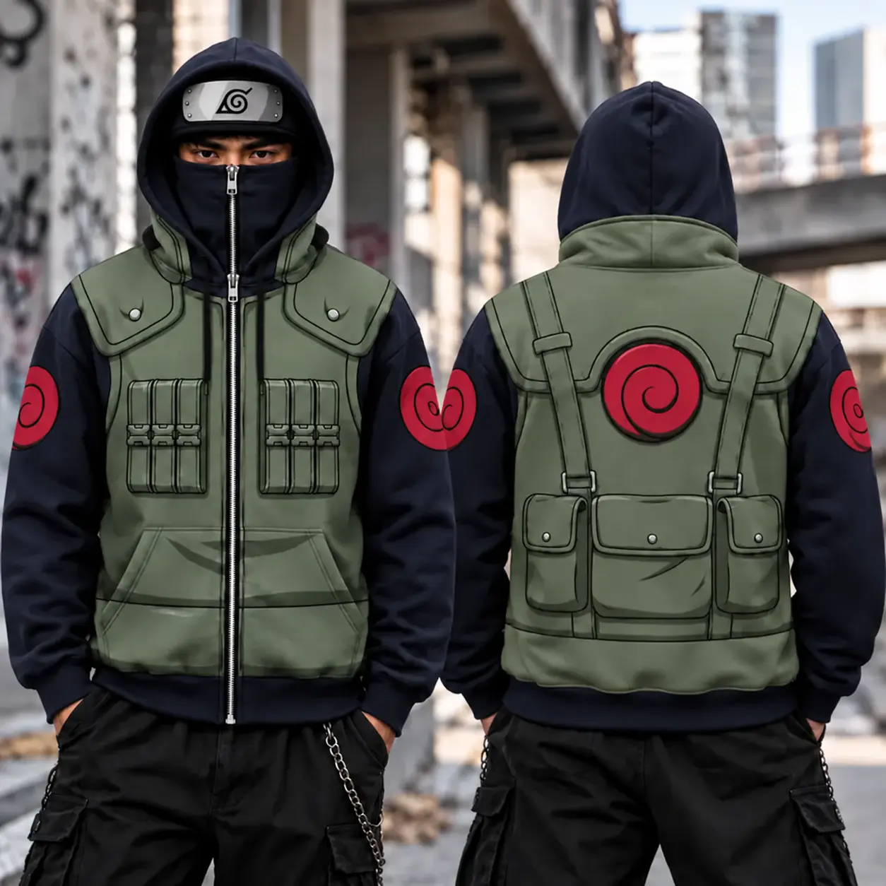Anime Ninja Armor Print Balaclava Hoodie and Sweatpants Set, Full Zip Up Hoodie with Built In Face Mask, Tactical Vest Graphic Sweatshirt, Cargo Jogger Pants Tracksuit, Unisex Oversized Y2K Japanese Streetwear Cosplay Outfit for Men Women