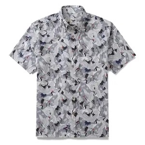 YIUME Crane Hawaiian Shirt For Men 100% Cotton Shirt Grey Button-down Short Sleeve Shirt
