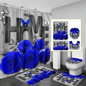 Vintage Forest Style Bathroom Set, Blue Rose Butterfly & Wood Grain Print Waterproof Shower Curtain, Non-Slip Absorbent Mat, High-Value Bath Ensemble