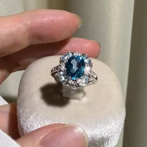 S925 sterling silver Topaz ring adjustable size, set size with a 9*7mm with White zircon,sky blue Topaz high quality setting Elegant and Luxurious for Women, Girl friend, Grils as Birthday Gift, Perfect for Daily Wear and Party, Valentine's Day Gift