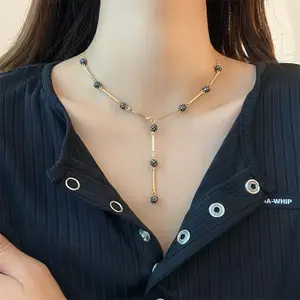LisiZen Korean Style Black Diamond Y-Shaped Necklace for Women, Chic Minimalist Cold Aesthetic, Trendy Collarbone Chain Jewelry Elegant DZXL0240