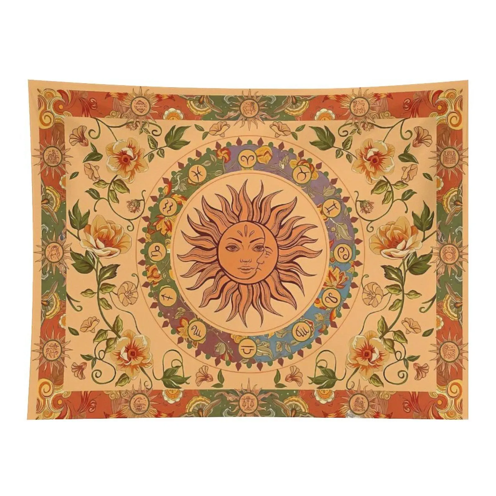 Vintage Orange Sun-Moon Face Zodiac Floral Wall Tapestry - 12 Constellation Botanical Art Wall Decor with Floral Border for Meditation Room, Bedroom, Astrology
