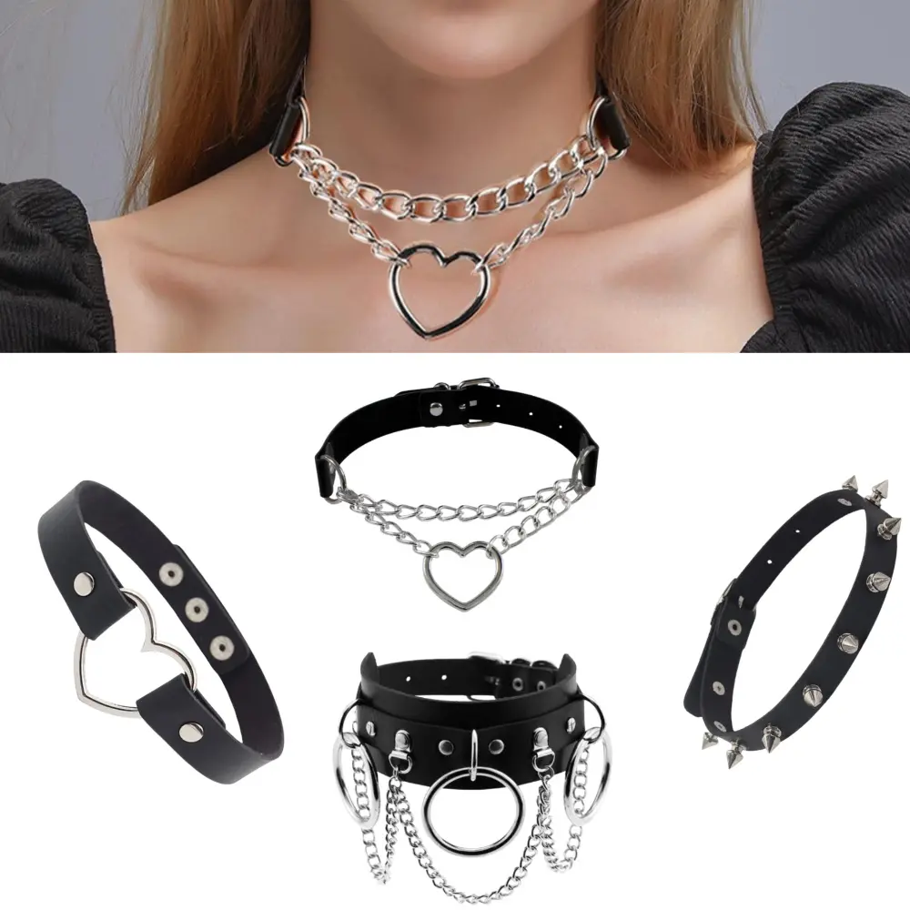 4 Pcs Women Men Cool Punk Choker Gothic Goth Spike Heart Shape Biker Choker PU Leather Collar Studded Rock Necklace (Black) summerwins